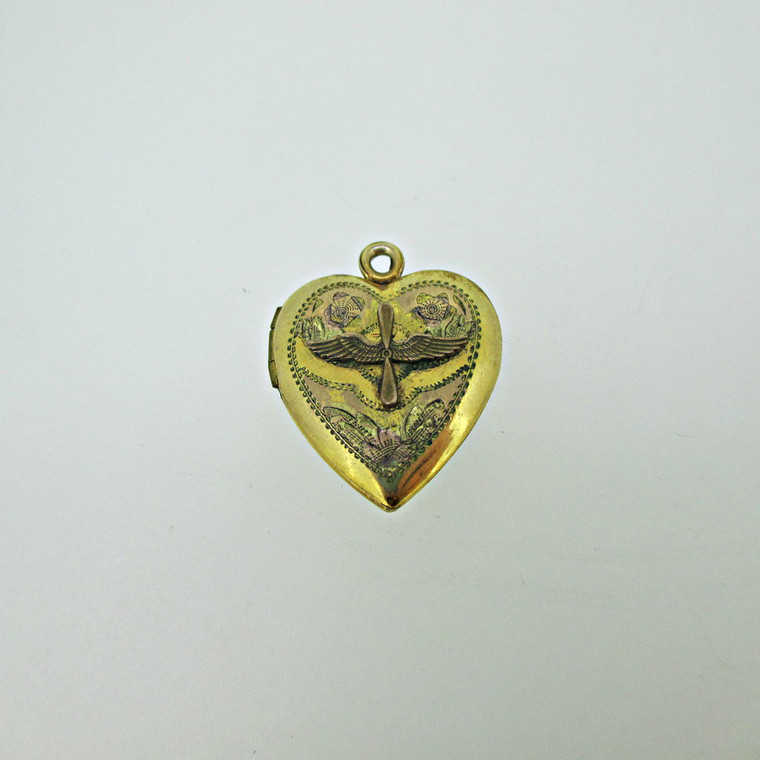 Gold Filled Gold Toned Heart Photo Locket with Prop and Wings Aviation Air Corp with Etchings and Dashes