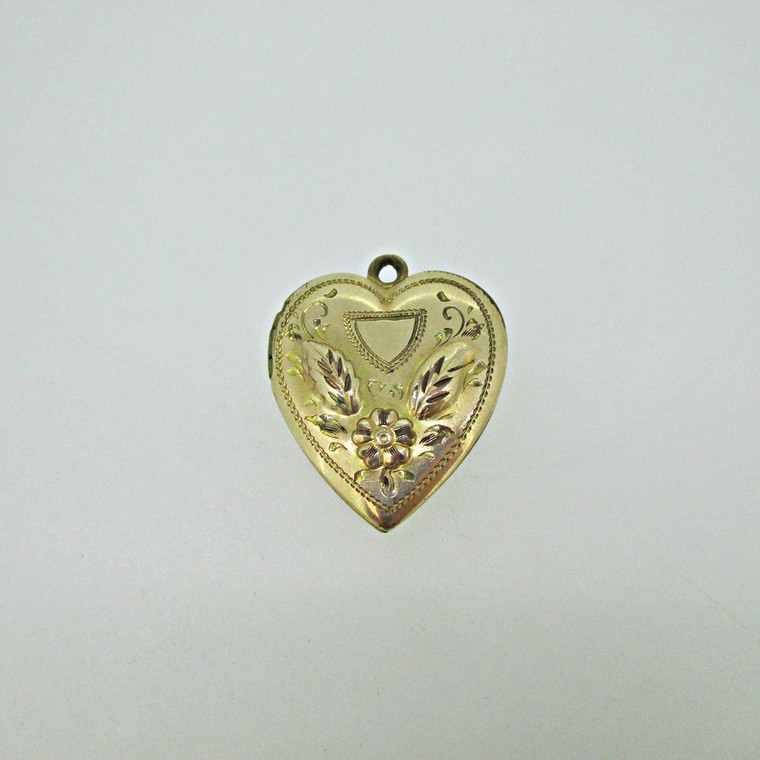 Gold Filled Gold Toned Heart Photo Locket with Single Rose and Leaves on Sides