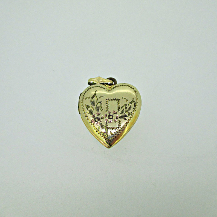 Gold Filled Gold Toned Heart Photo Locket Flowers with Vertical Rectangle Design