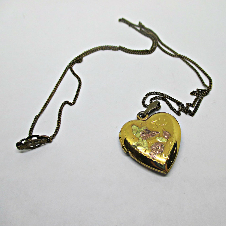 Vintage Gold Filled Gold Toned Heart Photo Locket Colored Flowers and Leaves with 18" Chain 