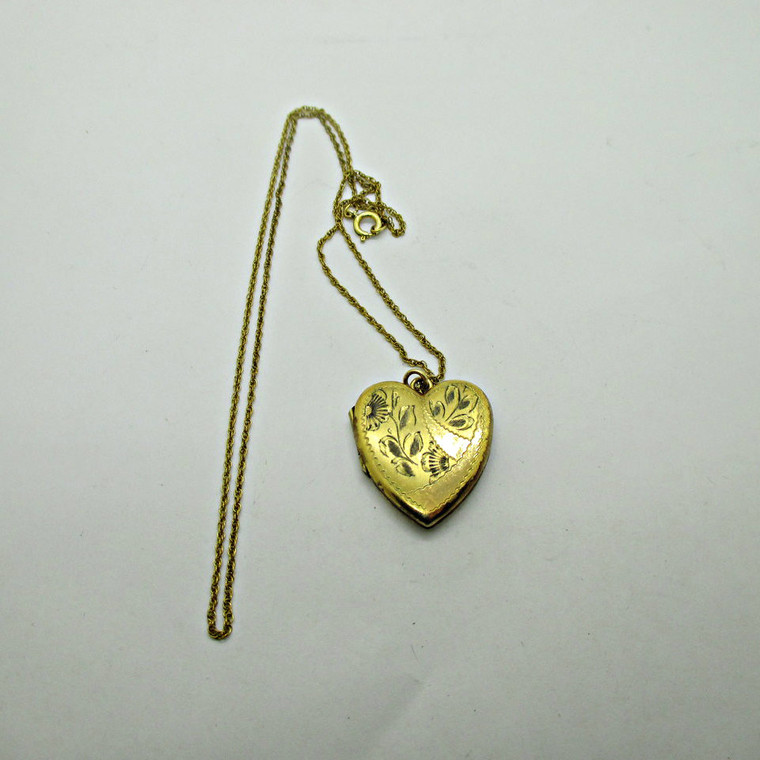 Vintage Gold Filled Gold Toned Heart Photo Locket Wild Flower and ZigZag Slashes with 18" Chain