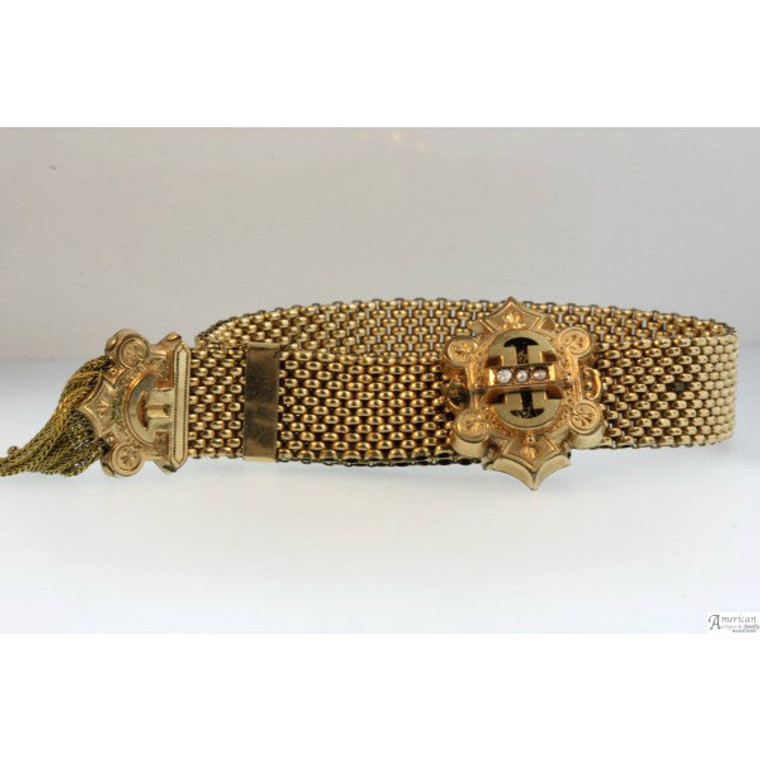 Victorian Yellow Gold Filled Waltz Bracelet W/ Seed Pearl Accents Circa 1850's - 1890's