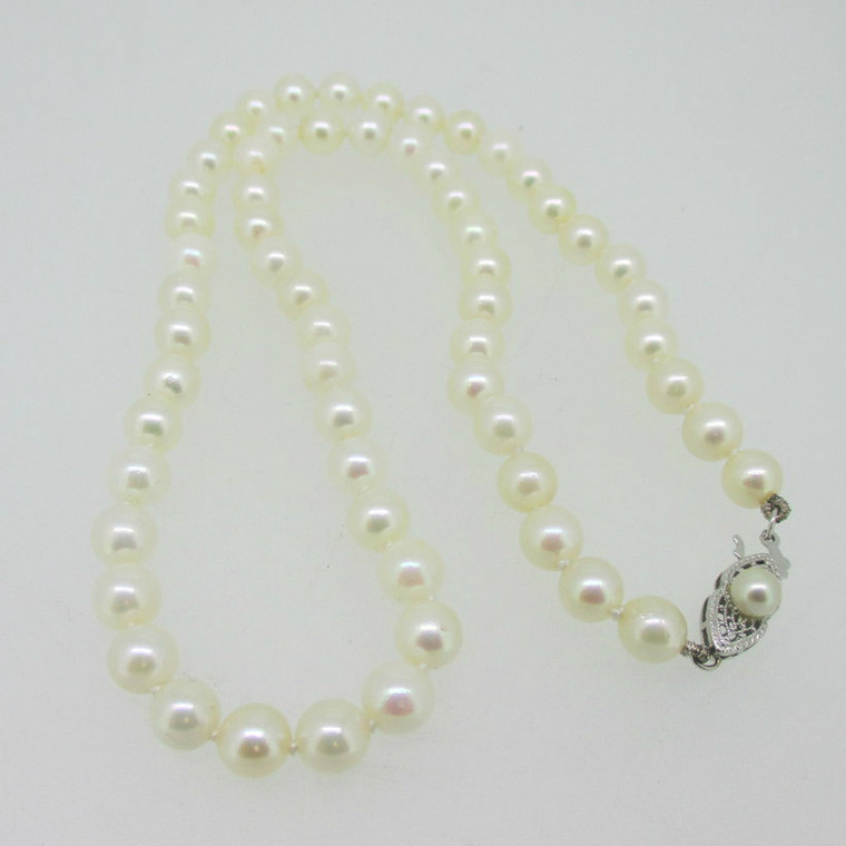 14K White Gold Clasp White Pearl Strand Necklace 16"