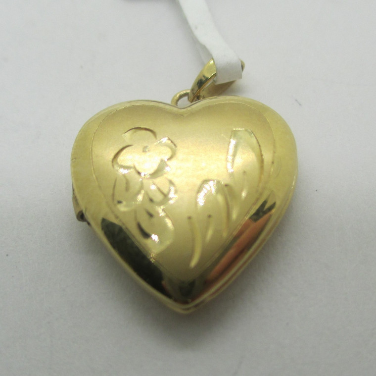 14k Gold Heart Locket with small Flower Etching