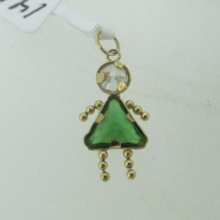 14k Birthstone Child Charm Green and White Stones