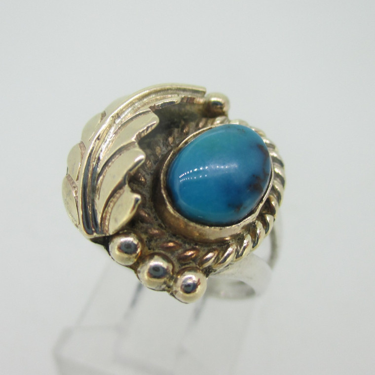 Sterling Silver & 14K Turquoise Ben S Southwest Ring Size 7