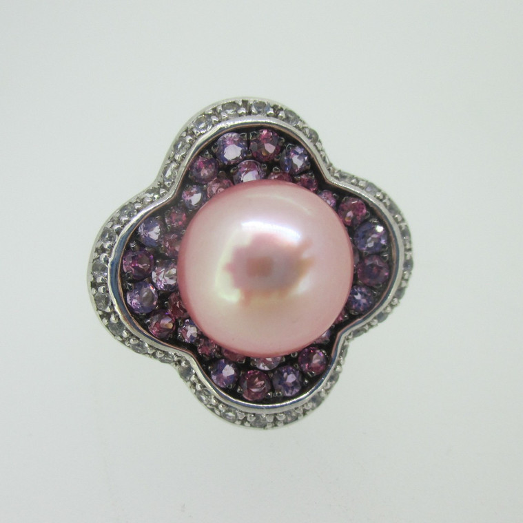 Sterling Silver Honora Amethyst Pink Pearl CZ Halo Ring Size 6