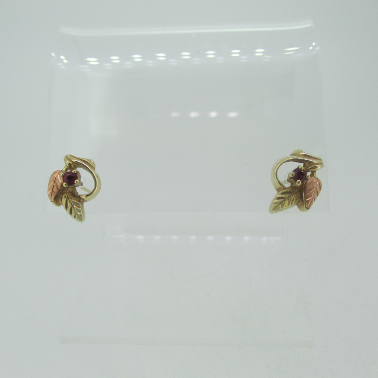 10k Coleman Company Black Hills Gold Grape Leaf Red Stone Stud Earrings