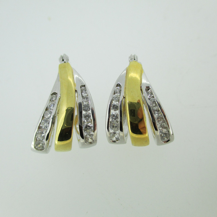 Sterling Silver & 14K Yellow Gold Two Tone CZ Hoop Earrings