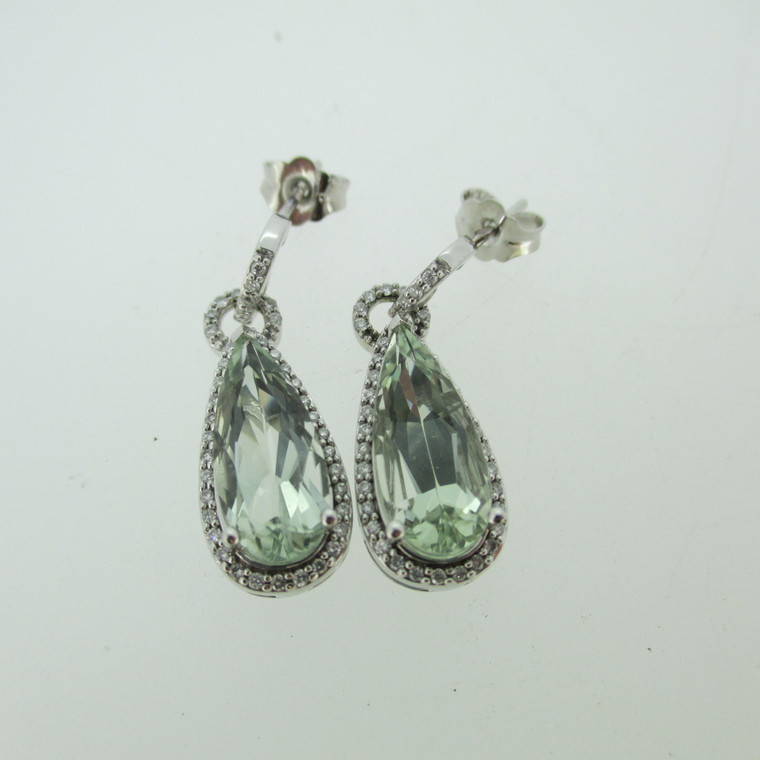 14k White Gold Green Amethyst Dangle Earrings with Diamond Halo Accents