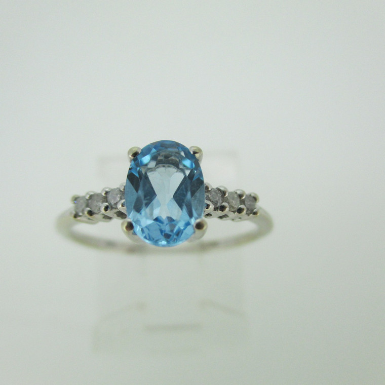 10k White Gold Blue Topaz Ring with Diamond Accents Size 5 1/4