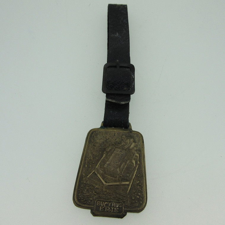 Vintage Bucyrus Erie Brass Paving Machine Watch Fob with Black Leather Strap (B10737)