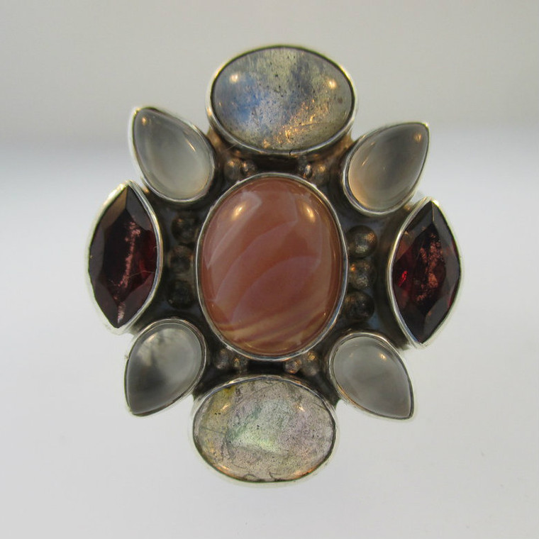 Sterling Silver Sajen Garnet Moonstone Mother of Pearl Ring Size 9.25