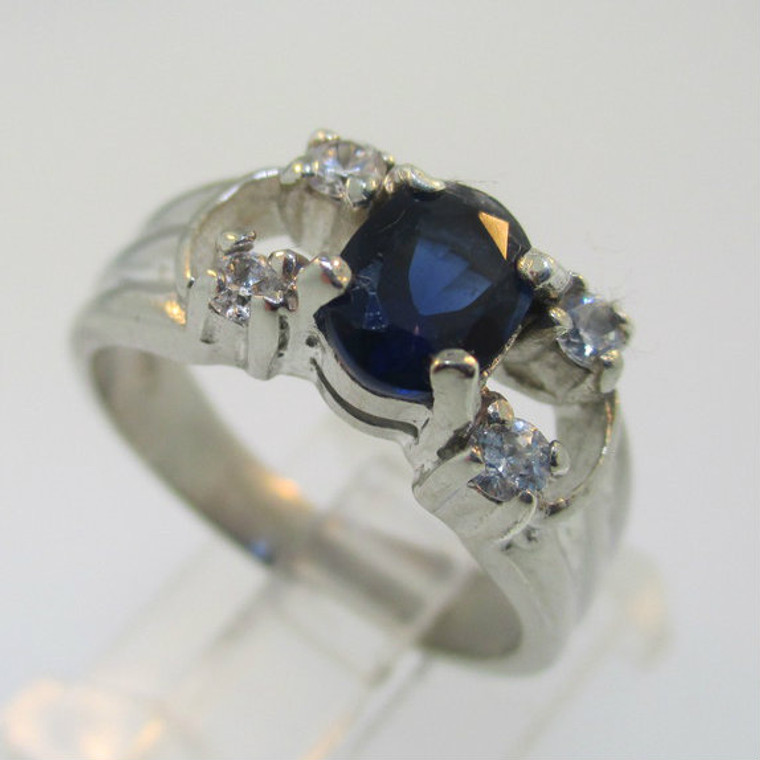 Sterling Silver Synthetic Sapphire Oval Cut CZ Accents Ring Size 6.5