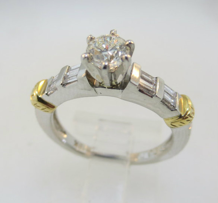 Platinum and 18k Yellow Gold Ring with Approx .40ct Round Brilliant Cut Diamond with Baguette Diamond Accents. Size 6 ¼