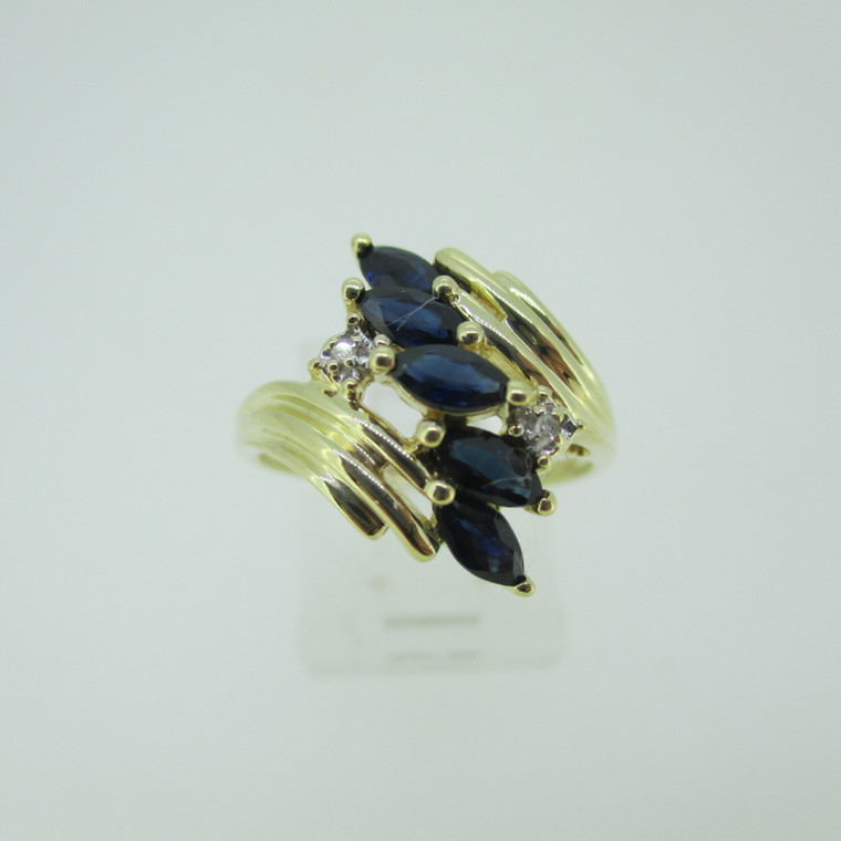 10k Yellow Gold Marquise Cut Sapphires with Diamond Accents Size 7 1/4
