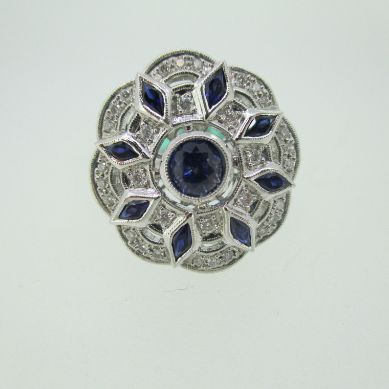 Vintage Style Beverly K 18k White Gold 1.27ct Sapphire and Diamond Ring Size 6 1/2