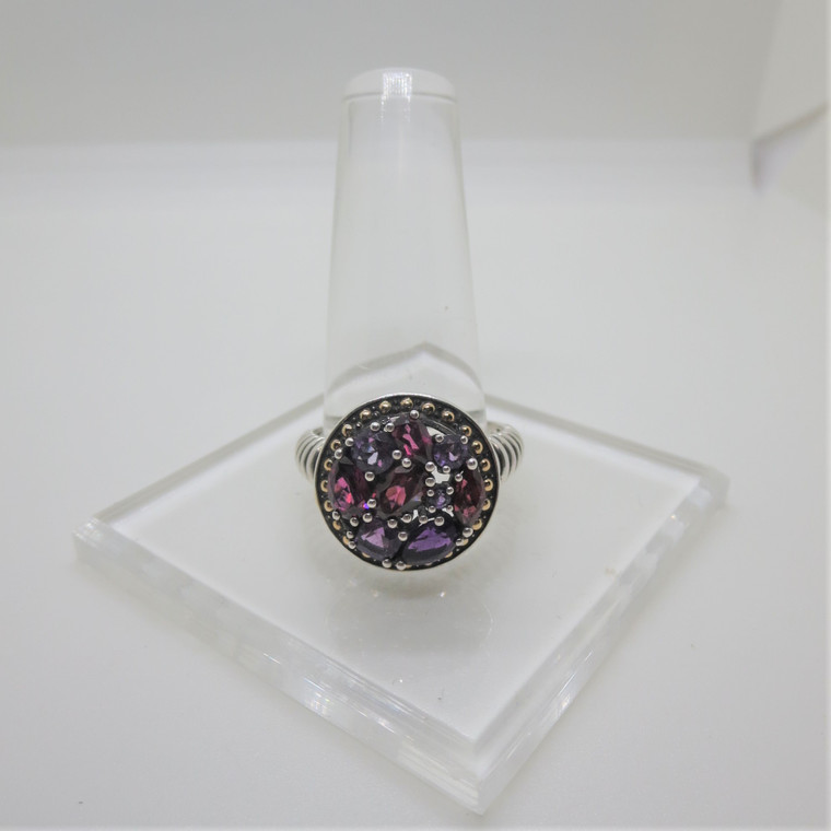 Sterling Silver & 18k Purple Stones Cluster Cocktail Ring Size 10.75