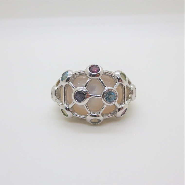 Sterling Silver KN Signed Mother of Pearl & Multi-Stone Domed Ring Size 8