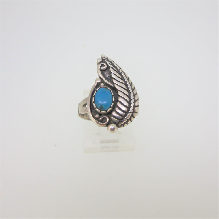 Vintage Sterling Silver Wheeler Leaf Design w Oval Blue Turquoise Ring Size 5.5