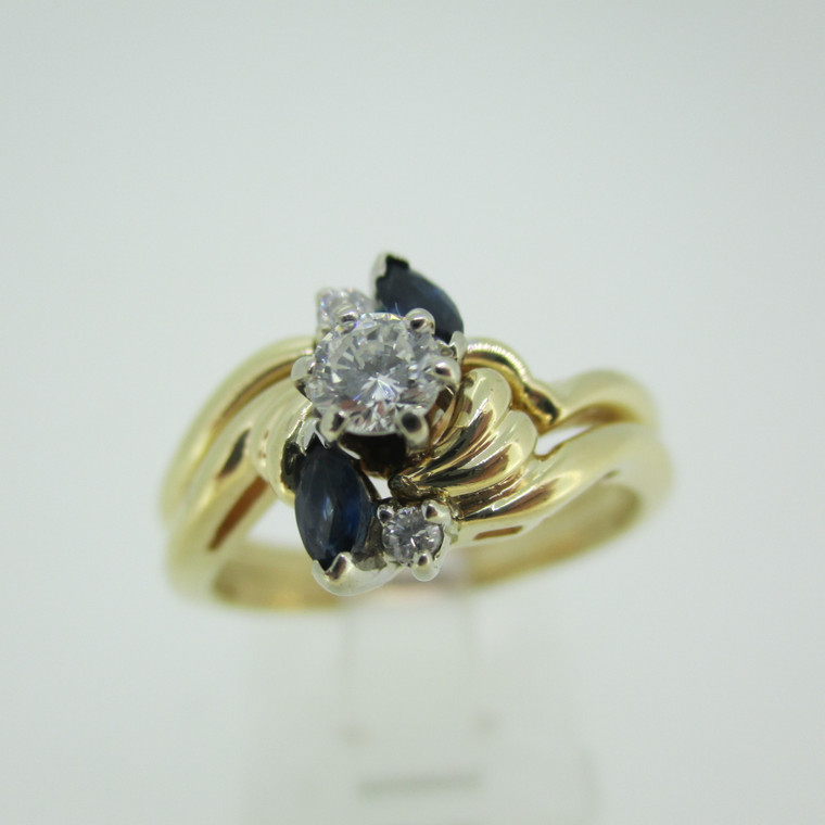 14k Yellow Gold Approx .25ct TW Round Brilliant Cut Diamond Wedding Ring with Sapphire Accents and Band Ring Size 7 1/4