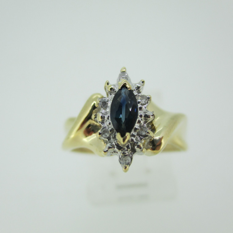 10k Yellow Gold Marquise Cut Sapphire Ring with Diamond Halo Size 7
