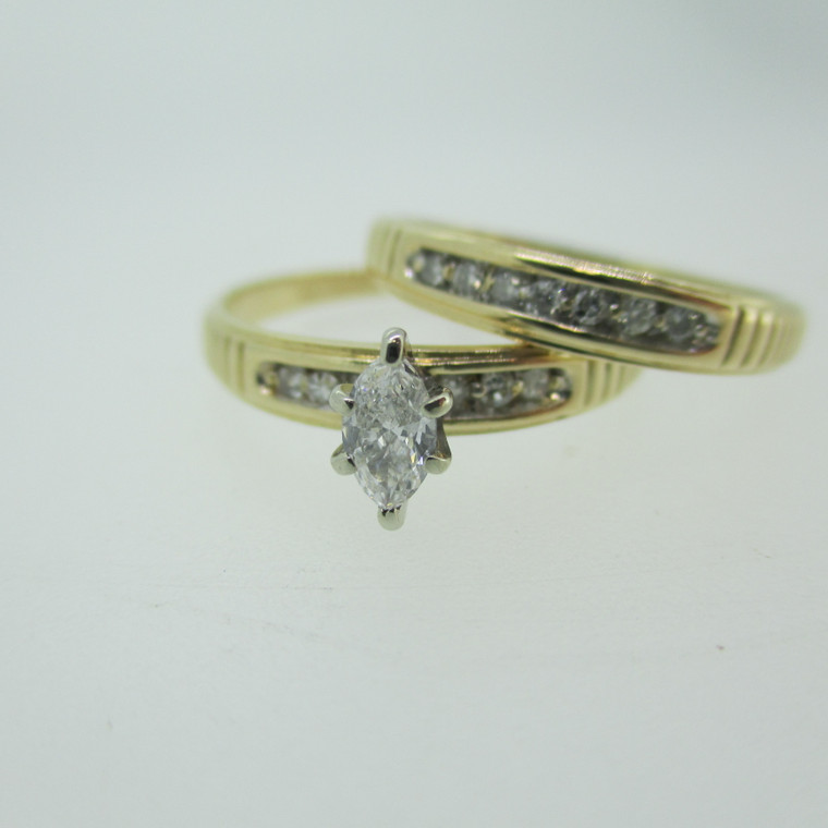 14k Yellow Gold Approx .25ct Marquise Cut Diamond Ring with Wedding Band Size 6 3/4