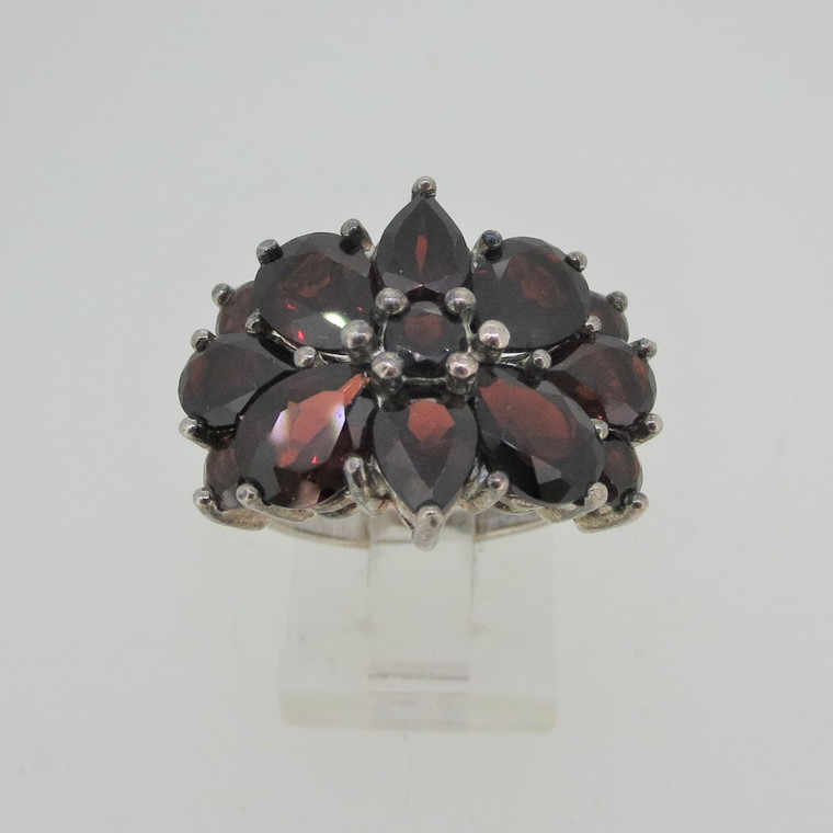 Sterling Silver Deep Red Garnet 9-Stone Cocktail Ring Size 7.75