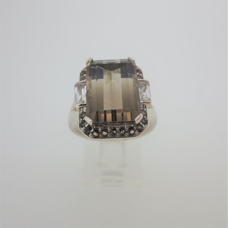 Sterling Silver Rectangular Smoky Quartz Cocktail Ring Size 8