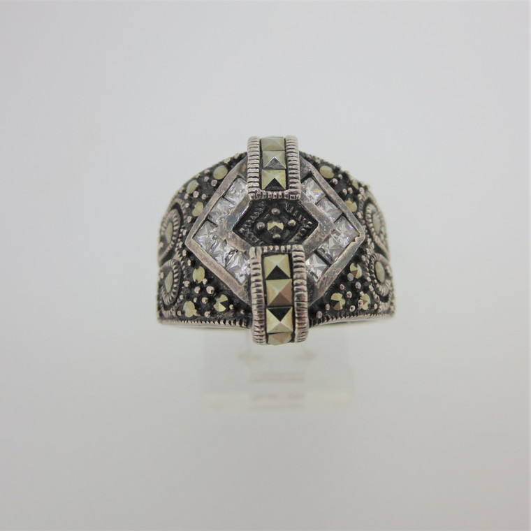 Sterling Silver Art Deco Style Wide Band Marcasite & CZ Stones Ring Size 8.75