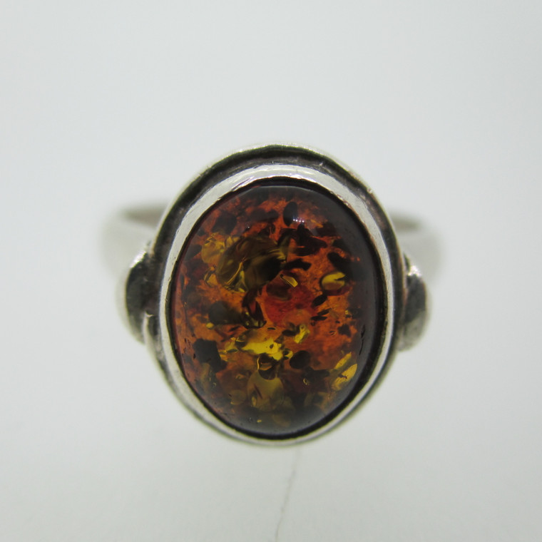 Sterling Silver Yellow Toned Bezeled Amber Ring with Textured Sides Size 6 1/2