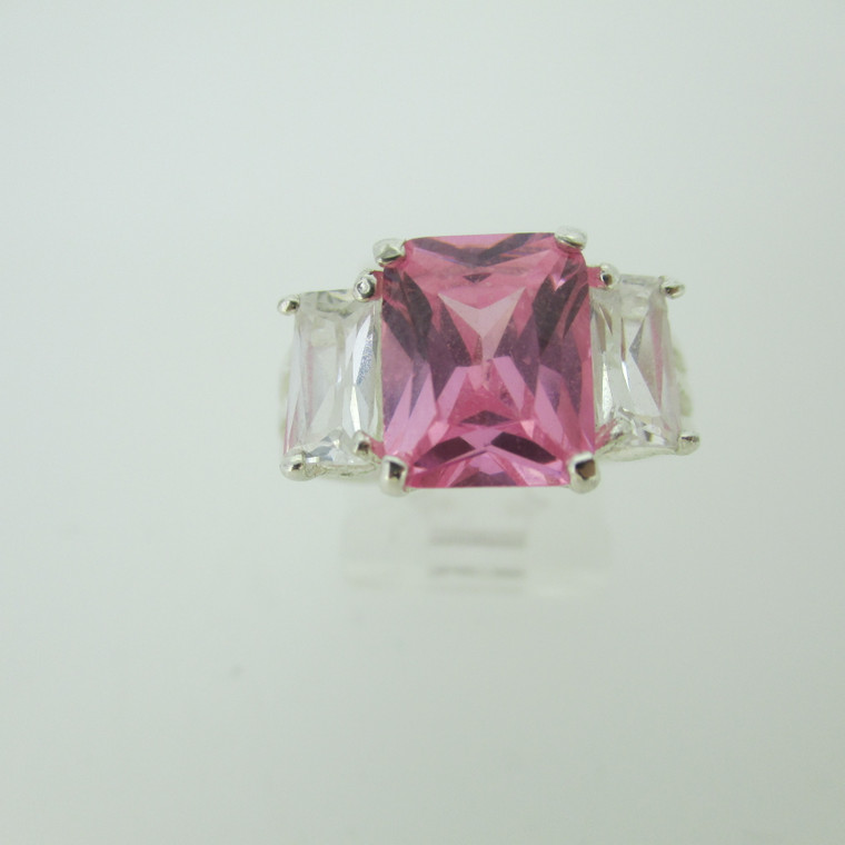 Sterling Silver Ring Pink CZ with Clear CZ Stone 4 Prong Set Size 7 3/4