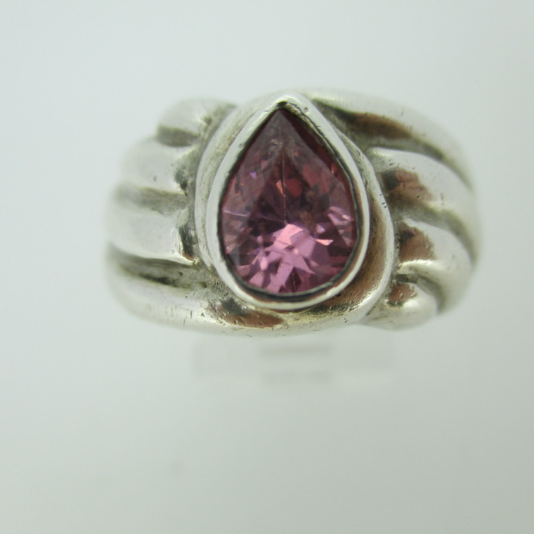 Sterling Silver Ring Pink CZ with Wave Texture Sides Size 8 