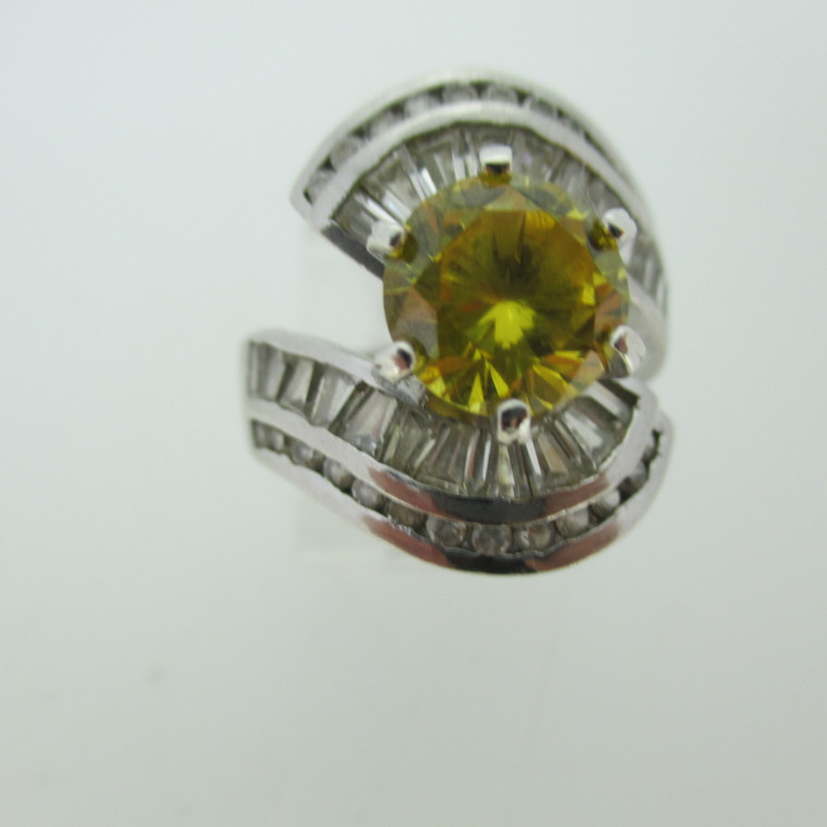 Sterling Silver Ring Yellow CZ with Multiple Clear Accent Stones 6 prongs Size 5 