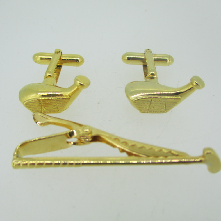 Vintage Golf Club Shaped Gold Tone Cuff Links and Tie Bar (B12530)