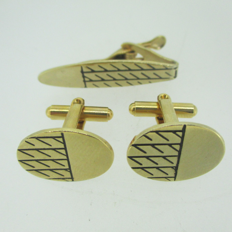 Vintage Simple Line Design Gold Tone Cuff Links and Tie Bar (B12531)