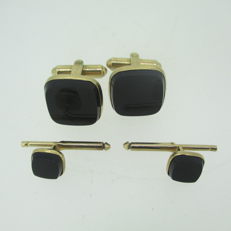 Vintage Hickok Gold Tone with Black Onyx Cuff Links and Tuxedo Buttons (B12532)