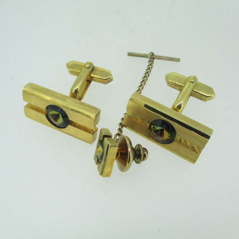 Vintage Gold Tone Green Stone Cuff Links and Tie Stud (B12547)