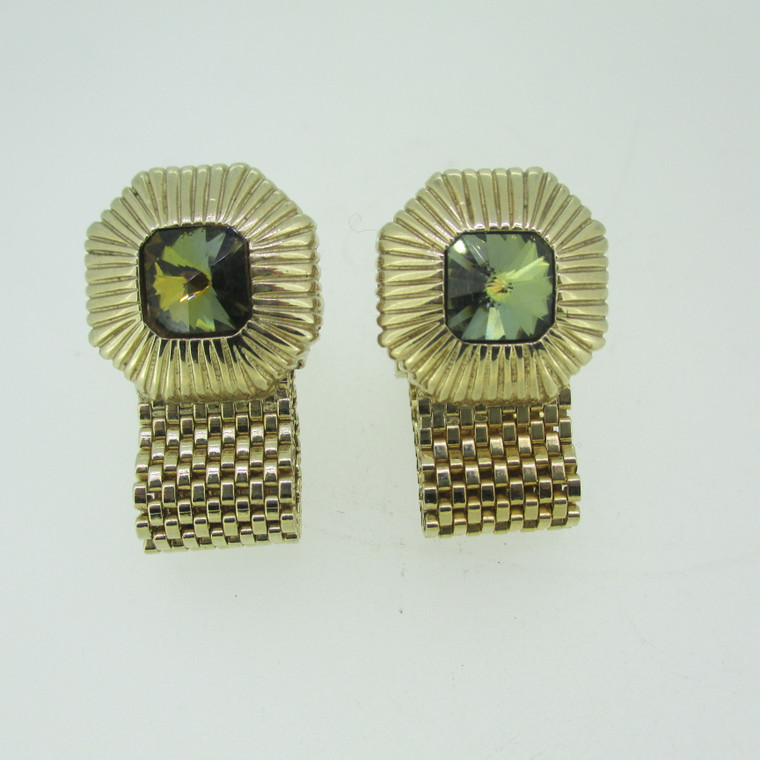 Vintage Swank Gold Tone Green Stone Mesh Cuff Links (B12556)