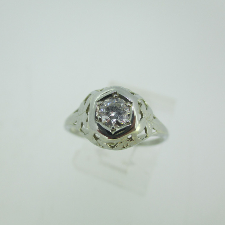 Vintage 14k White Gold Approx .25ct European Cut Diamond Ring with Filigree Accenting Size 5 3/4