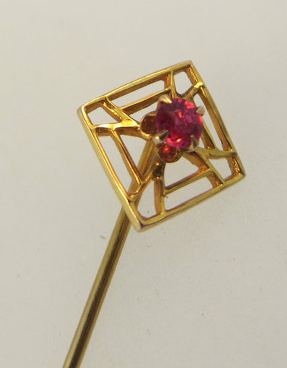 CA 1930 10k Yellow Gold Red Spinel Stone Stick Pin