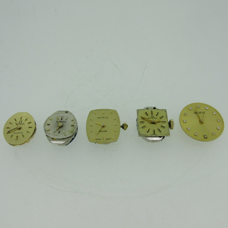 Lot of 5 Swiss and French Omega Longines Movado Quartz Movements and Dials Parts (B12498)
