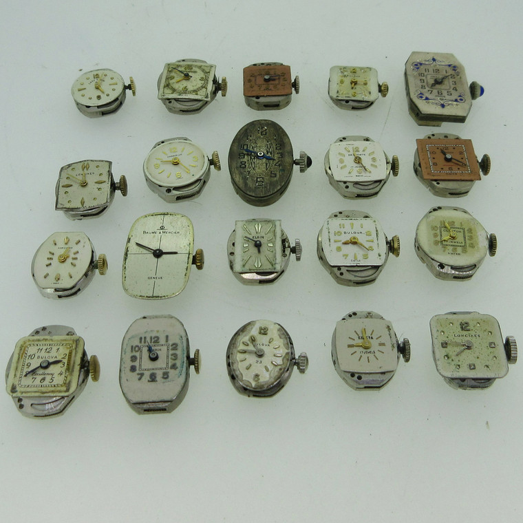 Lot of 20 Vintage Swiss and U.S.A. Longines Hampden and More Mechanical Movements and Dials Parts (B12510)