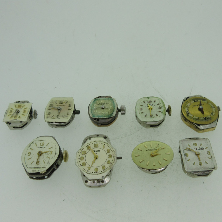 Lot of 9 Vintage Swiss and U.S.A. Longines Elgin and More Mechanical Movements and Dials Parts (B12832)