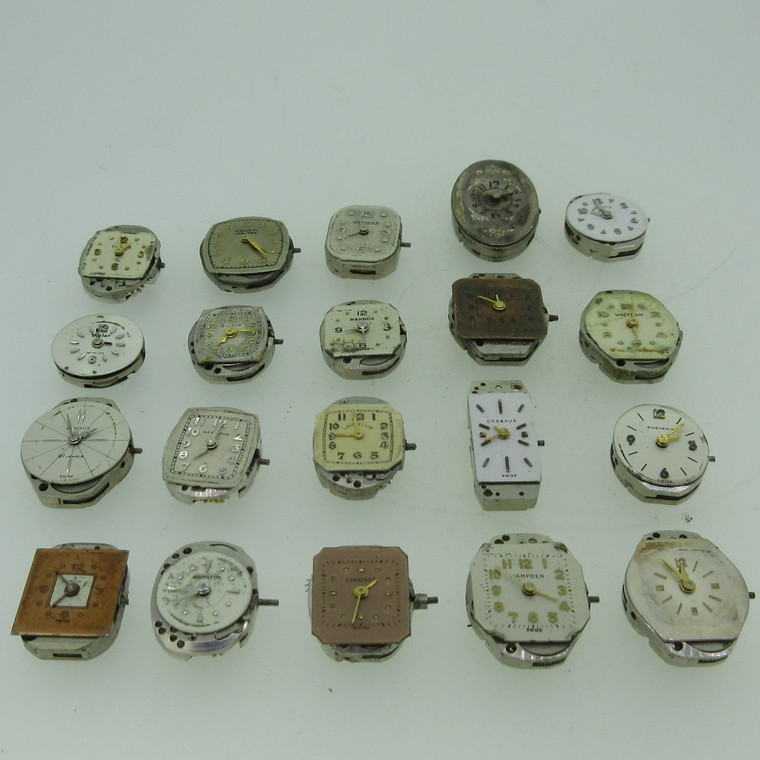 Lot of 20 Vintage Swiss and U.S.A. Longines, Hamilton and More Mechanical Movements and Dials Parts (B12872)