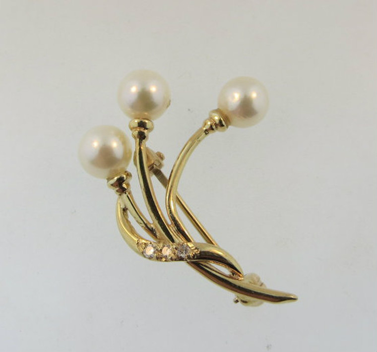 14k Yellow Gold Pearl and Diamond Accent Brooch Pendant