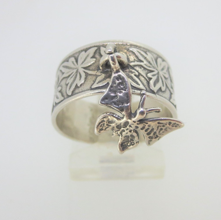 Sterling Silver Bili Signed Artistan Leaf Pattern Butterfly Charm Ring Size 7