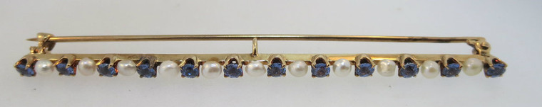 Vintage 14k Yellow Gold Pearl and Blue Stone Pin