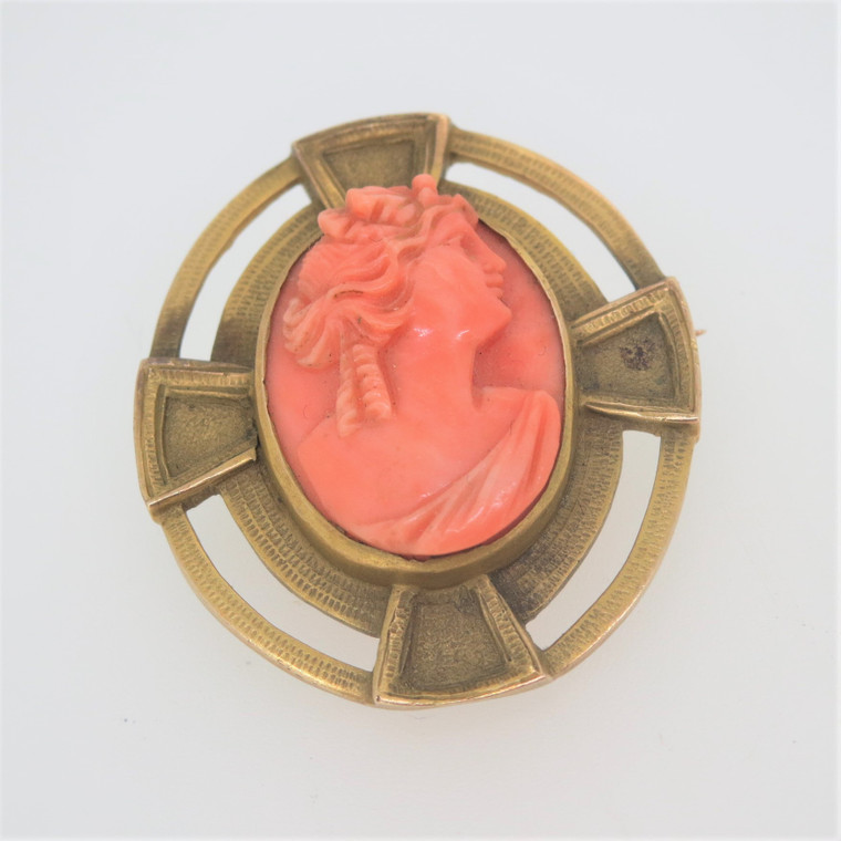 Vintage 10k Yellow Gold Carved Pink Coral Stone Cameo Brooch Pin