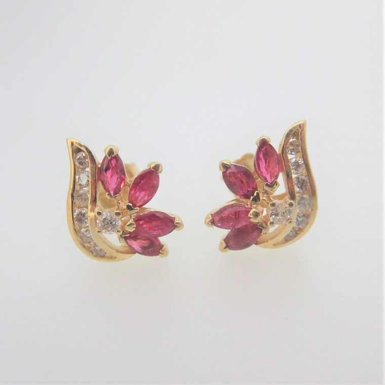 14k Yellow Gold Ruby & Diamond Post Back Earrings